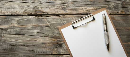 Poster - A pen placed on a clipboard, resting on a wooden table with blank paper, creating a simple yet elegant copy space image.