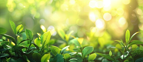 Poster - Blurred foliage and bright summer sunlight provide a natural backdrop with copy space image for text or ads.