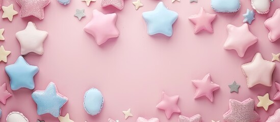 Aufkleber - Light pink pastel background with shining stars, a photo frame, ideal for birthday celebrations, seen from above with ample copy space image.