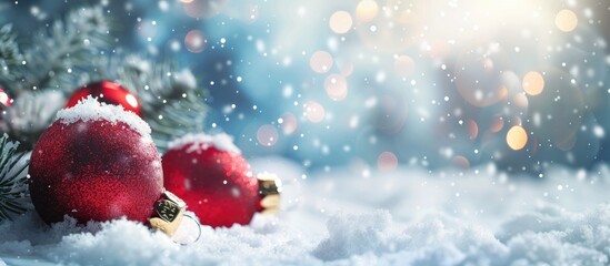 Poster - Festive Christmas background featuring baubles on snow with available copy space image for text.
