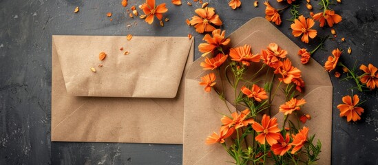Poster - Kraft paper envelope adorned with lovely orange flowers and a blank message; ideal for a copy space image.