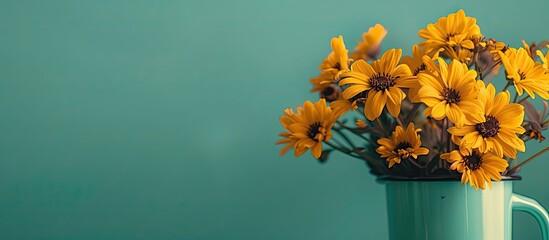 Sticker - A vibrant display of yellow flowers in a mug against a soft green backdrop with text and ample copy space image.