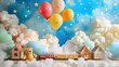 © NoonPanaya - Arch takes center stage, adorned with pastel balloons drifting amidst fluffy clouds and twinkling stars. Scatter big kids toys and decorative clouds on the floor, and place a cheerful teddy bear
