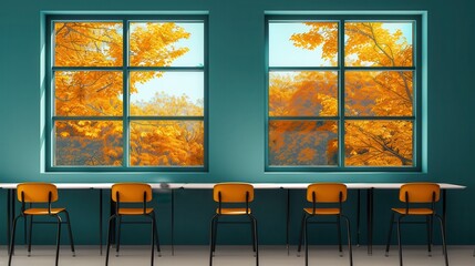 Sticker - Autumn View from Window in Teal Room with Yellow Chairs.