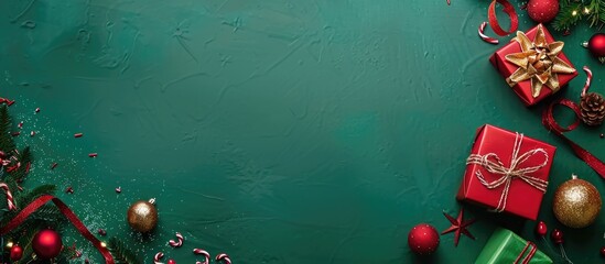 Aufkleber - Top view of Christmas gift box and decorations on a green background, creating a festive Christmas-themed copy space image.