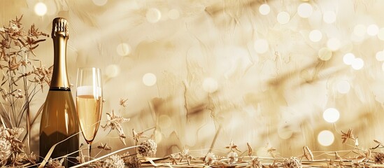 Aufkleber - Stylized stock scene featuring champagne and grass elements set in warm beige earth tones with copy space image included.