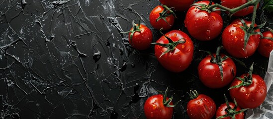 Wall Mural - Image showing tomatoes on a black background with white paper, including ample copy space.