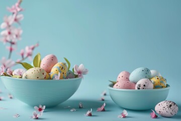 Wall Mural - Two bowls of Easter eggs are on a blue background with pink flowers. The bowls are filled with a variety of colored eggs, including yellow, pink, and white. Concept of celebration and joy