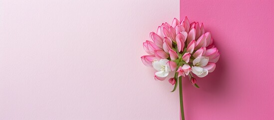 Wall Mural - Flat lay top-down view of a pink clove flower set against a pink and white background with ample copy space.