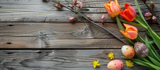 Aufkleber - Tulips and Easter eggs displayed on wooden planks with copy space image.