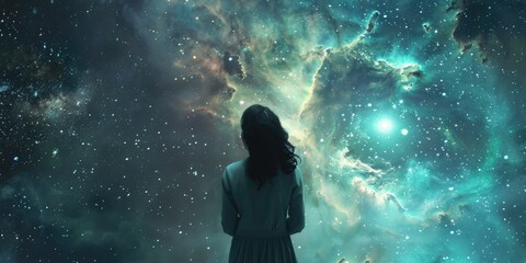 Wall Mural - a woman stands in front of a large, colorful nebula. concept of wonder and awe at the vastness of th