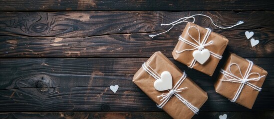 Aufkleber - Valentine's Day concept displayed in a top-down photo of two gift boxes with white hearts on a wooden surface, creating a charming copy space image.