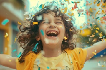 Wall Mural - A young girl is smiling and laughing while surrounded by colorful confetti. Concept of joy and celebration, as the girl appears to be having a great time