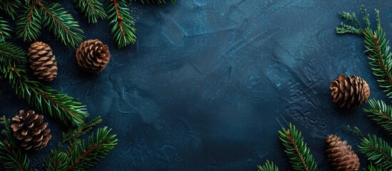 Canvas Print - Dark blue background decorated with cones and spruce branches for Christmas and New Year greetings, with available copy space image.