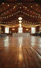 Poster - Wooden dance floor in an empty hall with hanging lights. AI.