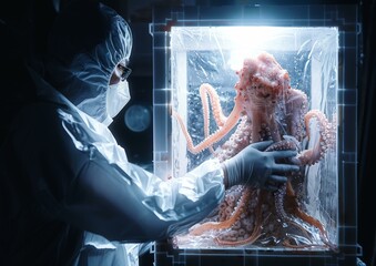 Canvas Print - A scientist wearing a hazmat suit examines an octopus in a tank. AI.