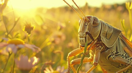 Poster - A grasshopper sits on a stalk of grass in a field of flowers. AI.