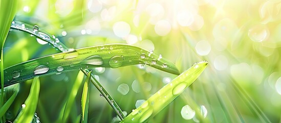 Poster - Fresh morning dew on a green grass leaf with a blurred background creating a serene and picturesque copy space image.