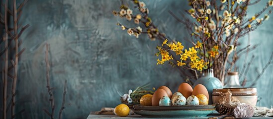 Aufkleber - Easter table setup on gray backdrop with holiday decorations, embodying the Happy Easter theme. Includes copy space image for text placement.
