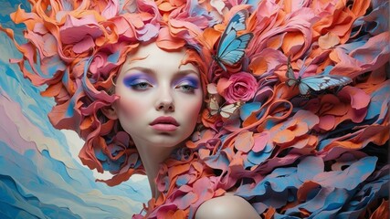 Wall Mural - A woman with flowers in her hair. AI.