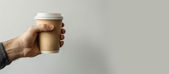 Poster - A man's right hand grasps a coffee drink in a paper cup set against a white paper background with copy space image.