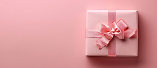 Leinwandbilder - A gift box with a ribbon bow on a pink background with copy space image.