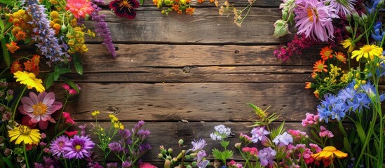 Aufkleber - An enchanting frame crafted from colorful flowers against a rustic wooden backdrop, ideal for a copy space image.
