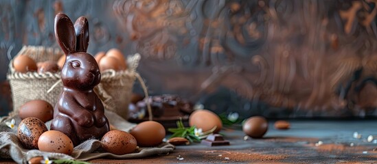 Aufkleber - Delicious Easter treats like chocolate bunny and eggs against a rustic backdrop with copy space image.