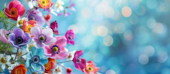 Poster - Vivid Anemones create a colorful border around a fresh bouquet against a blue bokeh background with copy space image.