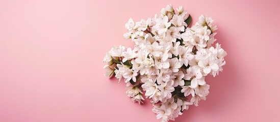 Poster - Top-down view of a white flower bouquet against a pink backdrop with space for text or images, conveying themes of love, gratitude, and celebration like Valentine's Day or birthdays