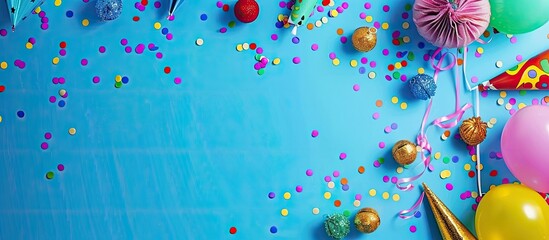 Poster - Colorful party accessories laid out in a composition with ample space for text on the background, ideal for a copy space image.