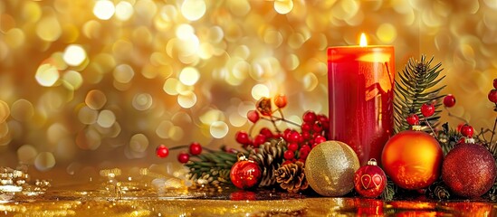 Poster - Festive Christmas arrangement featuring a glowing red candle, a wreath, orange and red ornaments on a shiny gold background, ideal for a copy space image.