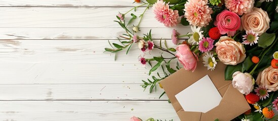 Poster - Celebrate Mother's Day with a stunning arrangement of flowers and an empty card, elegantly displayed on a white wooden table in a visually appealing flat lay copy space image.