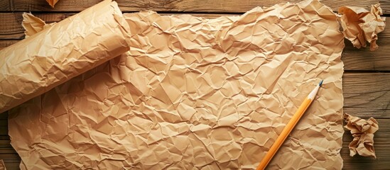 Aufkleber - Wooden table with crumpled brown paper sheet and pencil, with free space for an image. copy space available