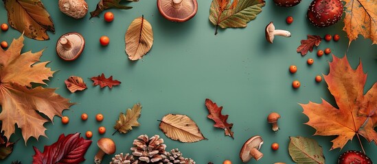 Wall Mural - Top view flat lay with a frame crafted from autumn leaves and mushrooms on a soft green backdrop, ideal for a copy space image.