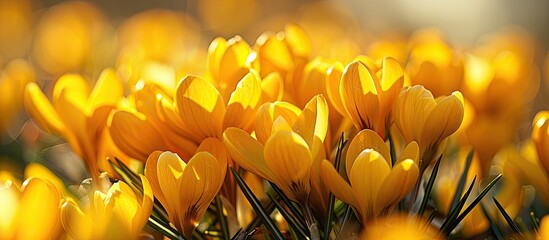 Poster - A vivid image capturing the close-up of vibrant yellow blooming golden crocuses, the first flowers of spring, is the centerpiece of a lovely spring-themed background with ample copy space for text.