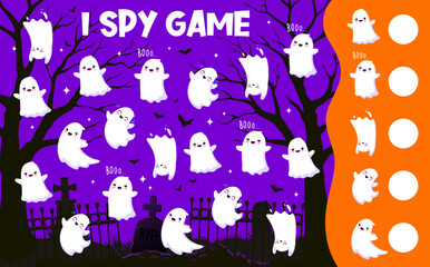 Wall Mural - Cute Halloween kawaii ghosts on I spy game worksheet, vector kids puzzle quiz. Funny ghost monsters and little boo flying on cemetery with tombstone and graves for I spy or find and match game