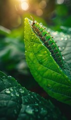 Wall Mural - A green caterpillar on a leaf. AI.