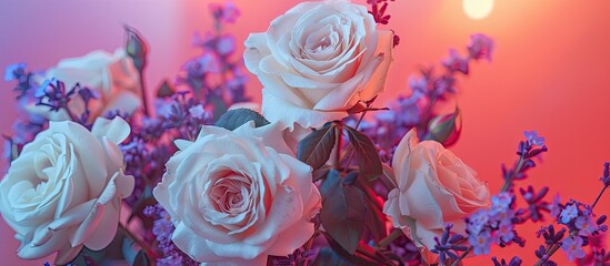 Sticker - Greeting card featuring a bunch of cream roses and vivid purple flowers in full bloom on a pink backdrop, adorned with a flare, providing copy space image.