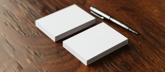 Poster - Closeup image featuring a mockup of two blank business cards and a pen on a brown wooden table with copy space image.