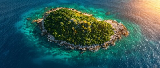 Poster - Small rocky island with green vegetation in the middle of a vast blue ocean. AI.