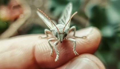 Canvas Print - A close-up photograph of a green-colored insect on a person's finger. AI.