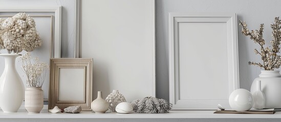 Aufkleber - Shelf adorned with empty frames and decorative items, with available copy space image.