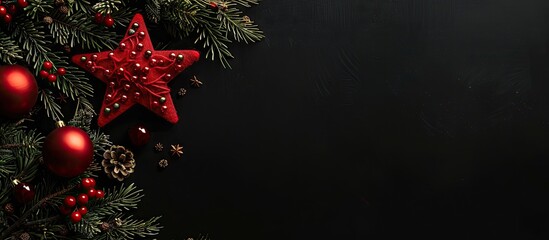 Poster - Festive Christmas-themed background featuring ornaments, a handmade felt star, and fir branches against a black backdrop with copy space image.