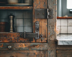 Sticker - Close-up of a rustic wooden cabinet door with a metal hinge. AI.