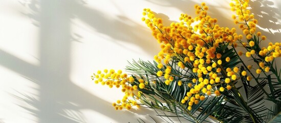 Aufkleber - Spring table arrangement adorned with vibrant yellow mimosa flowers against a clean backdrop with ample copy space image.