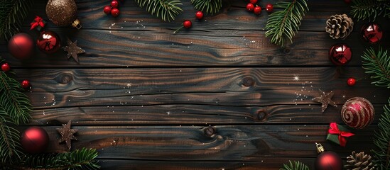 Aufkleber - Dark wooden Christmas background featuring a fir tree, decorations, and copy space image.