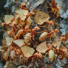 Poster - Leaf-cutter ants carrying leaves to their nest. AI.