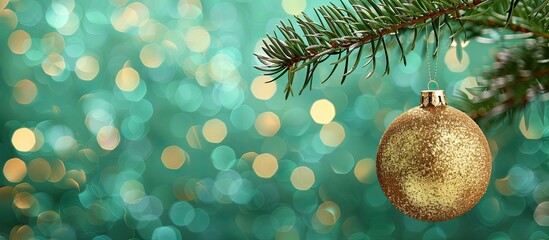 Poster - Copy space image showing a glistening golden Christmas ball hanging from an artificial fir branch against a sparkling green background.