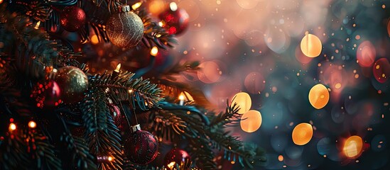 Poster - A close-up image featuring a Christmas tree adorned with balls, set against a blurred backdrop of bokeh garlands, creating a festive New Year concept with copy space image.